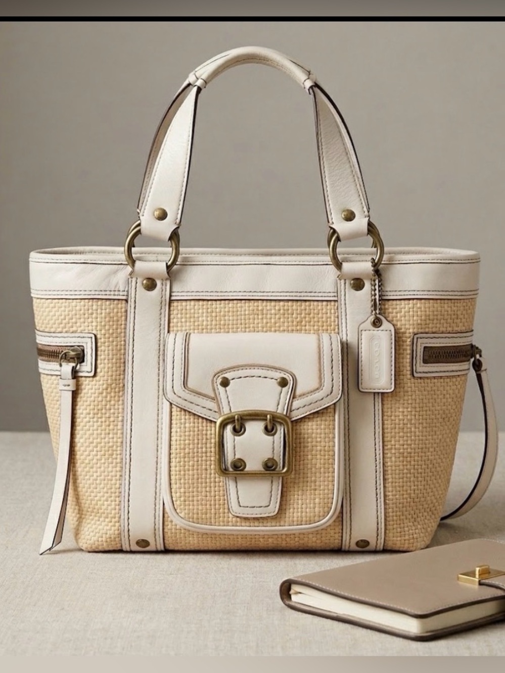 Coach Legacy Straw & Leather Tote Bag Vintage 🌴